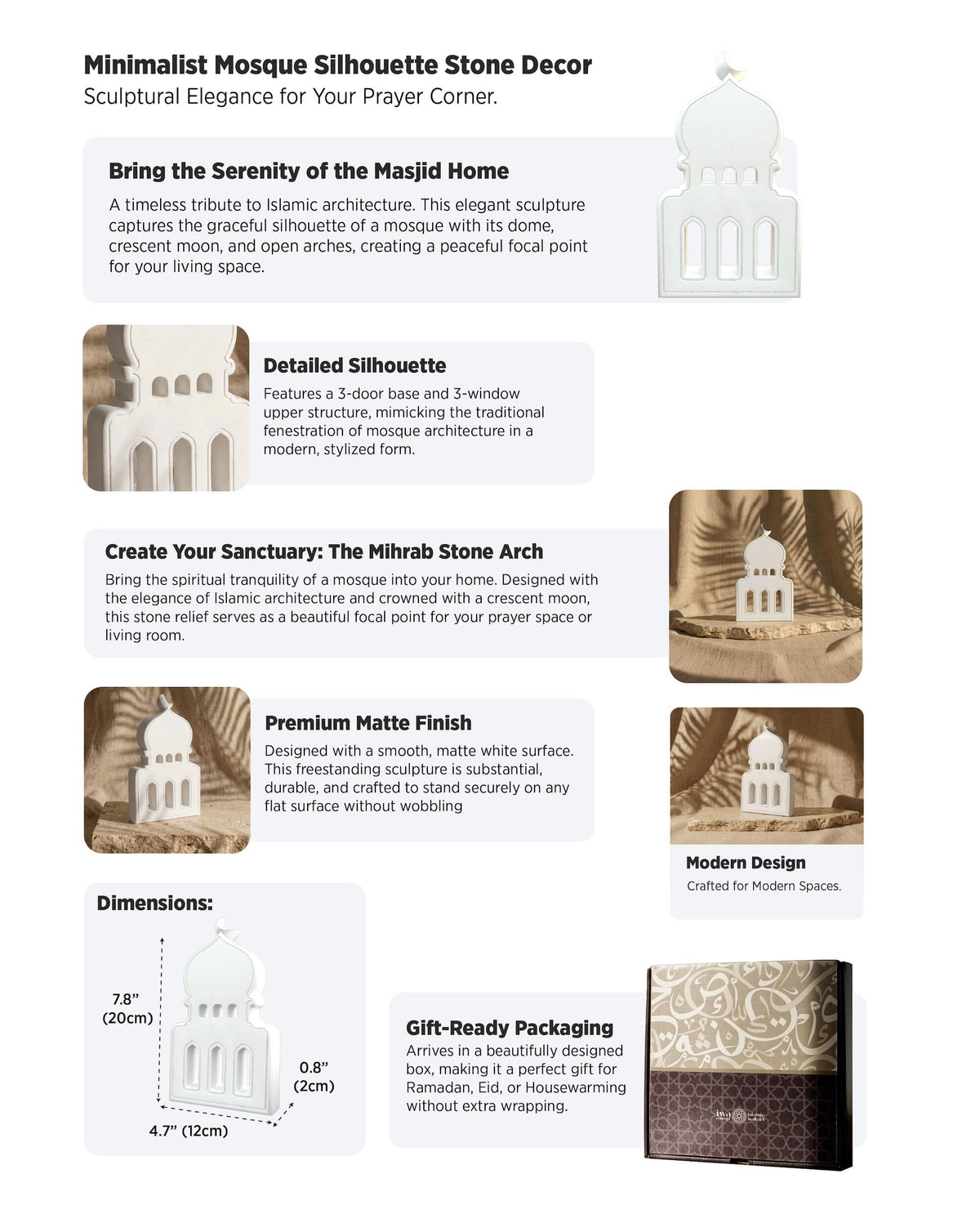 Décoration minimaliste en pierre représentant une silhouette de mosquée – Sculpture d'arche islamique moderne - A+ Content