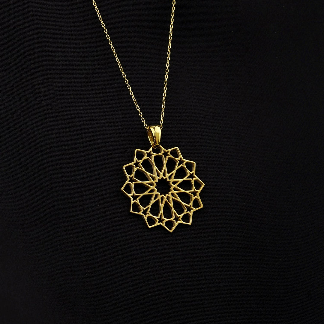 Islamic Geometric Pattern Muslim Jewelry, 18K Gold Plated Silver Pendant