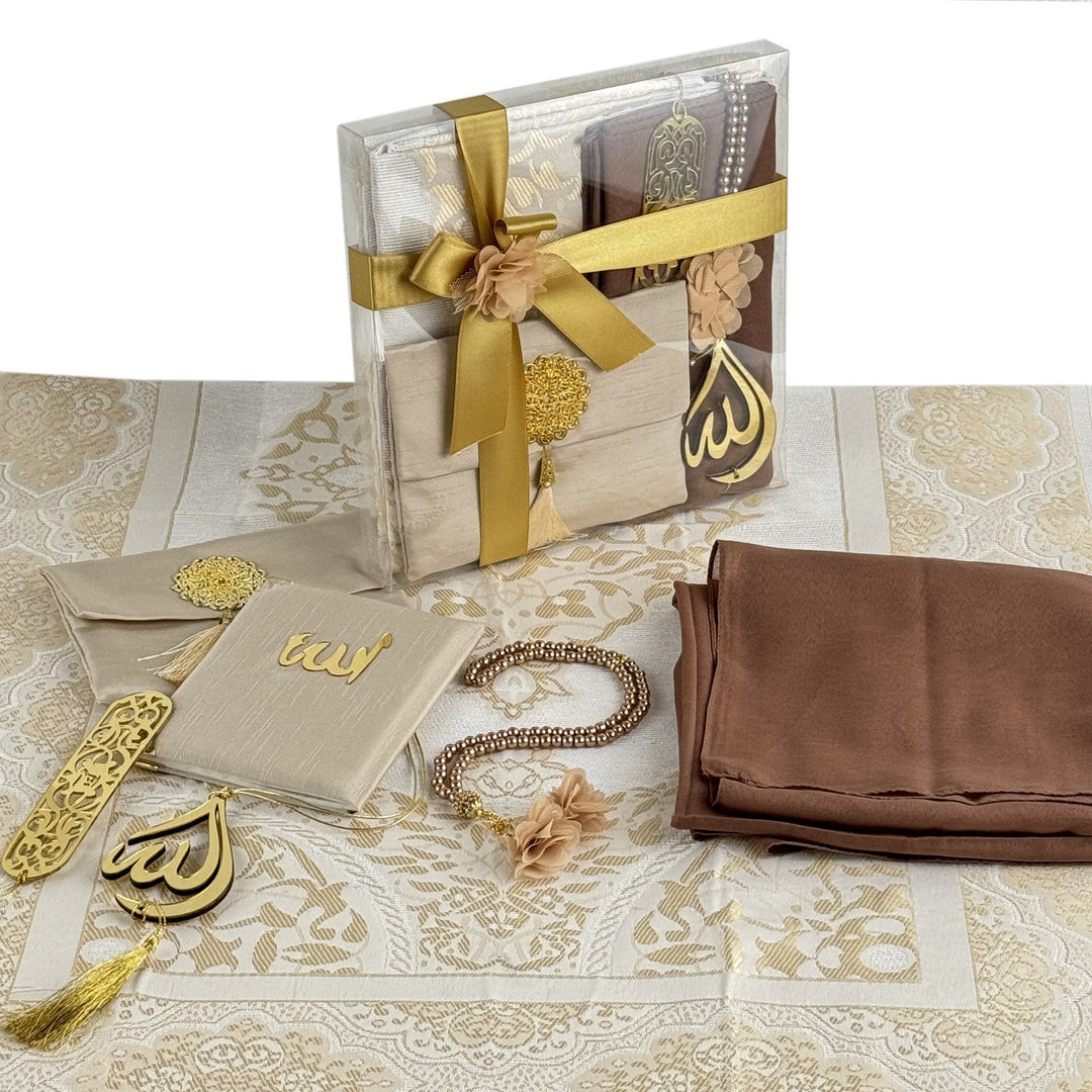 muslim-gift-cream-prayer-rug-with-accessories-set-islamic-gifting-essentials-islamicwallartstore