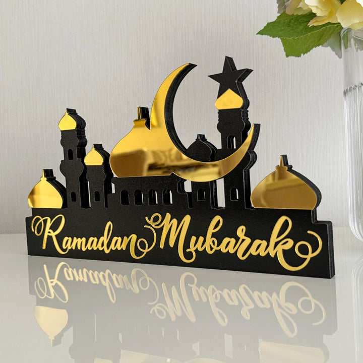 special-ramadan-decor-islamic-tabletop-art-ramadan-mubarak-written-gold-colored-unique-gift-islamicwallartstore