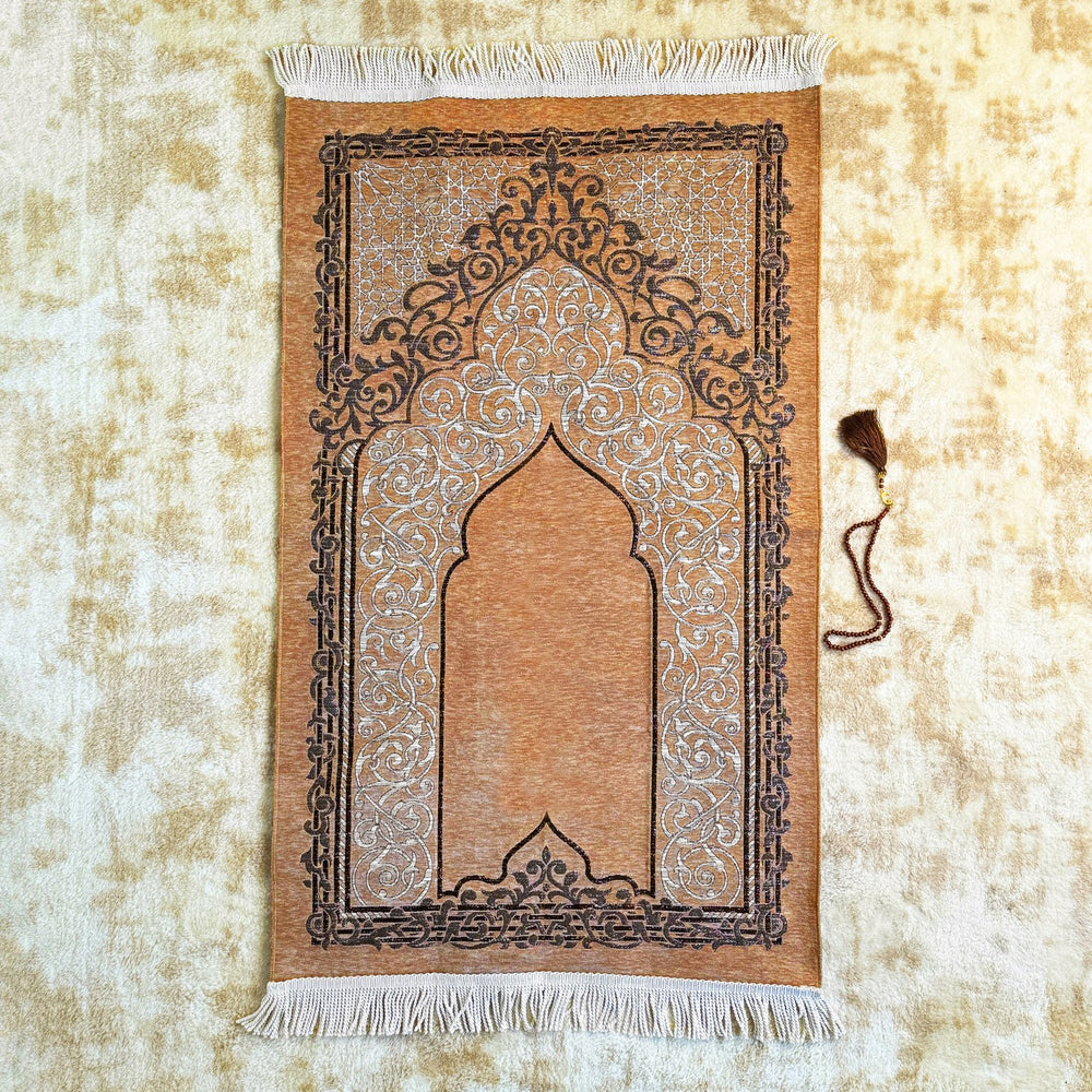 lightweight-brown-travel-prayer-mat-for-muslims-sejadah-rug-prayer-beads-accessories-set-islamicwallartstore