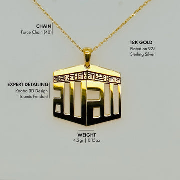 Visuel des caractéristiques du collier pendentif Kaaba : plaqué or 18 carats sur argent sterling 925, poids 4.2 gr