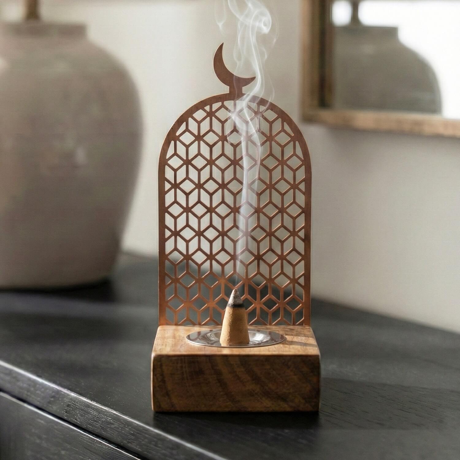Tall Wooden Base Mabkhara Metal Back Bakhoor Incense Burner tall-wooden-base-mabkhara-metal-back-bakhoor-incense-burner