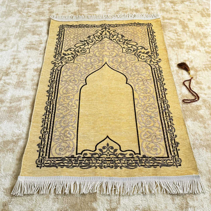 portable-beige-colored-travel-prayer-mat-muslim-gift-sejadah-prayer-rug-prayer-beads-set-islamicwallartstore