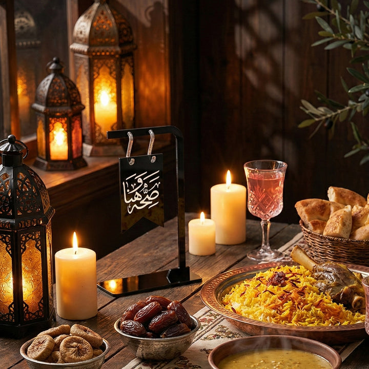 Saha w Hana Acrylic Table Stand – Ramadan Decor & Islamic Calligraphy for Iftar
