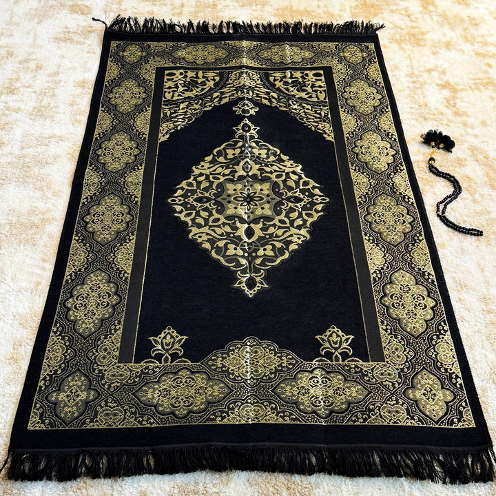 portable-black-colored-travel-prayer-mat-muslim-gift-sejadah-prayer-rug-and-accessories-set-islamicwallartstore
