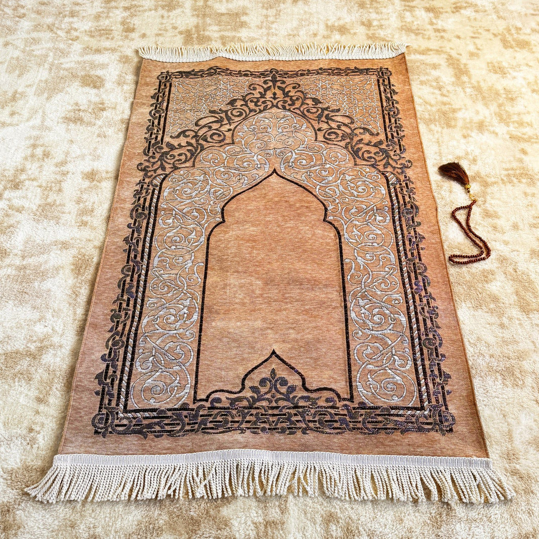portable-brown-colored-travel-prayer-mat-muslim-gift-sejadah-prayer-rug-prayer-beads-set-islamicwallartstore