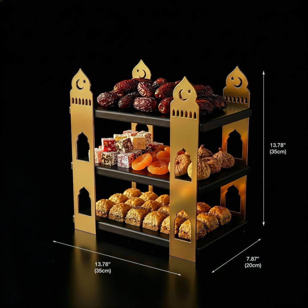 3-stöckige Moschee-Etagere, goldene Stützen auf Schwarz, 13.78 in (35 cm) hoch und breit, 7.87 in (20 cm) tief