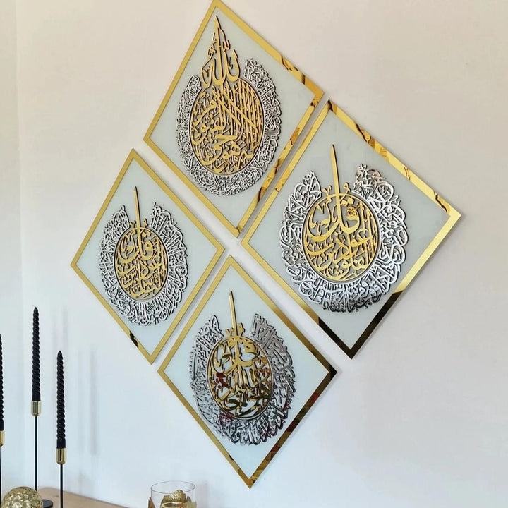Set aus Glas Ayatul Kursi, Surah Al Ikhlas – Al Falaq – An Nas Tempered Glass Decor Islamische Wandkunst