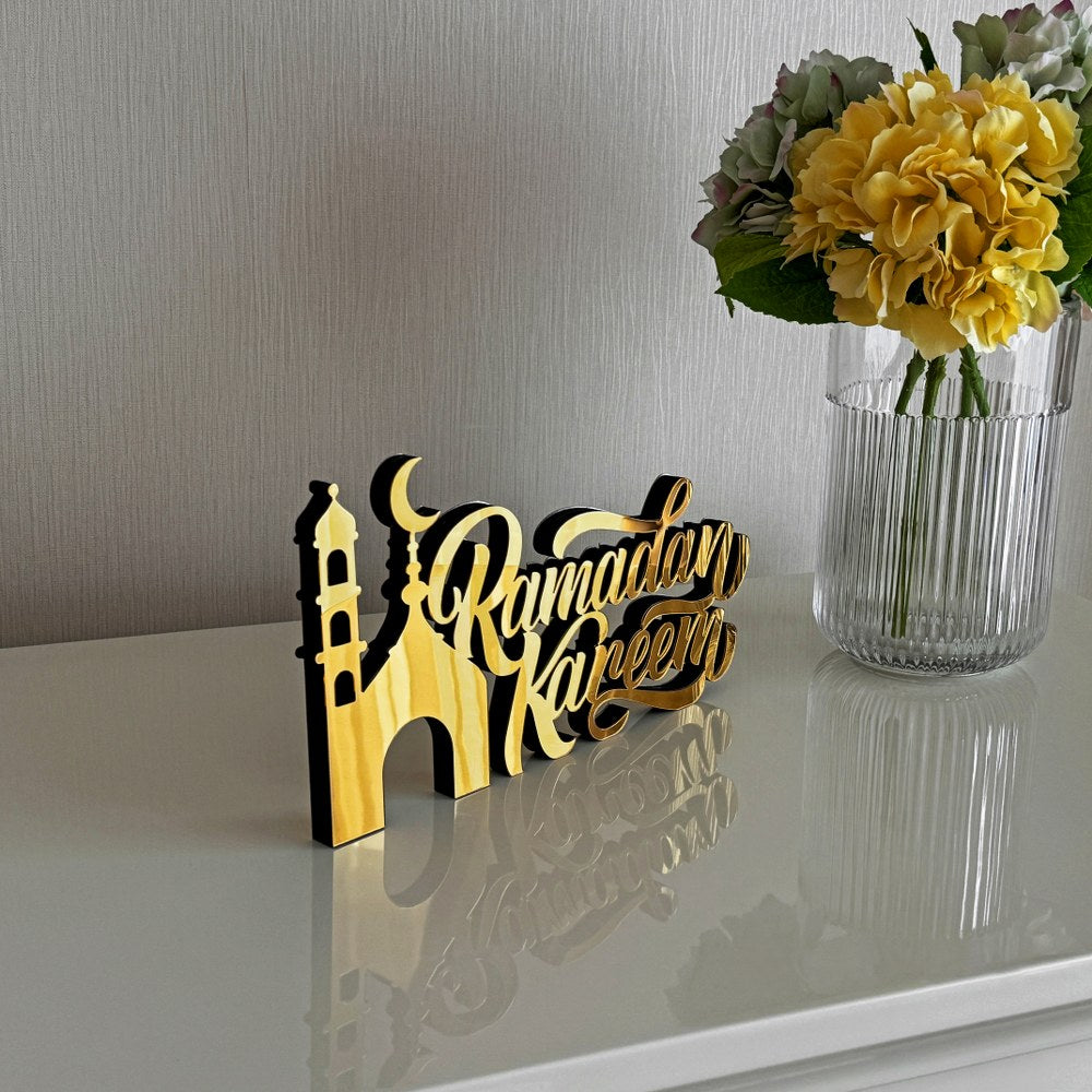 islamic-ramadan-kareem-gold-tabletop-art-in-english-with-minaret-modern-decor-islamicwallartstore