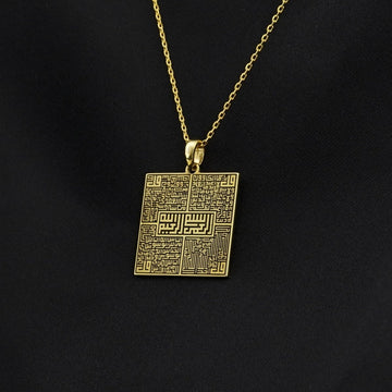 4 Qul Kufic Square Muslim Jewelry - 18K Gold Plated Silver Pendant - Islamic Wall Art Store