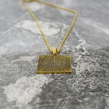 4 Qul Kufic Square Muslim Jewelry - 18K Gold Plated Silver Pendant - Islamic Wall Art Store