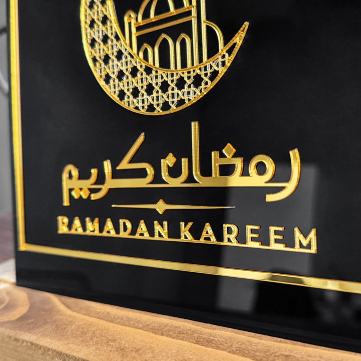 handmade-ramadan-square-tabletop-decor-latin-arabic-kareem-on-black-plexiglass-islamicwallartstore