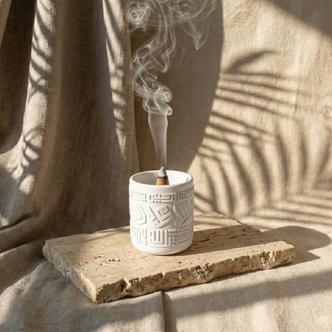 Kufic Stone Incense Burner (Mabkhara) – Handmade Allah(SWT) & Mohammed (PBUH) Calligraphy Decor