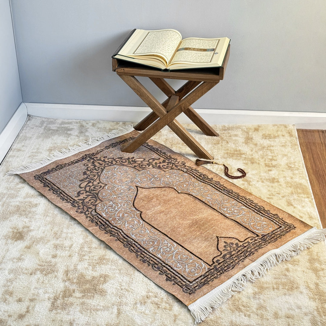 elegant-brown-travel-prayer-mat-ideal-for-muslims-sejadah-rug-prayer-beads-set-islamicwallartstore