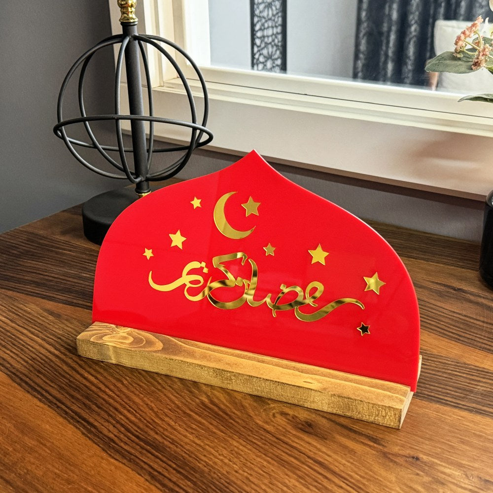 ramadan-decor-wooden-based-tabletop-arabic-kareem-red-plexiglass-islamicwallartstore