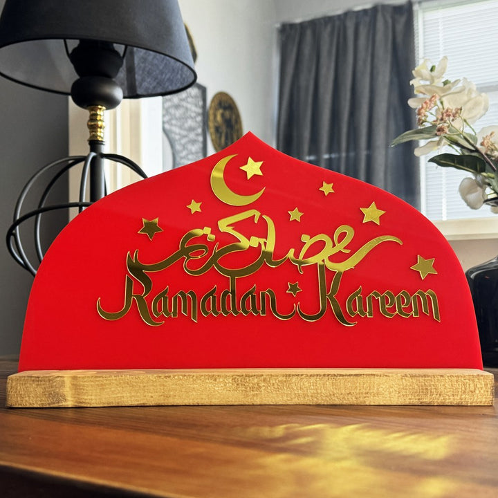 ramadan-decor-wooden-based-tabletop-latin-arabic-kareem-red-plexiglass-islamicwallartstore