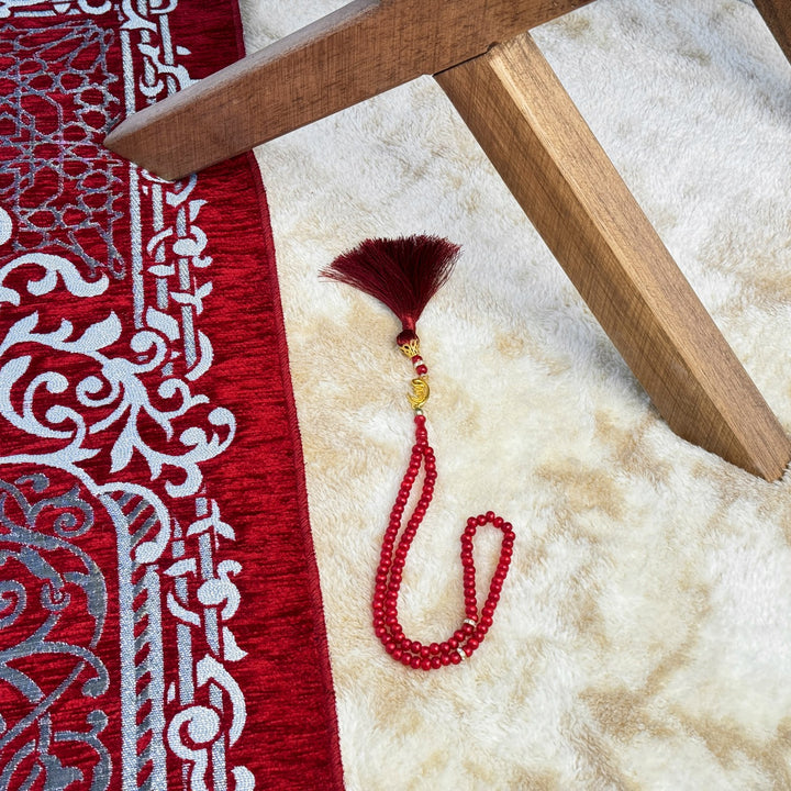 durable-red-colored-travel-prayer-mat-for-muslims-sejadah-rug-prayer-beads-set-islamicwallartstore