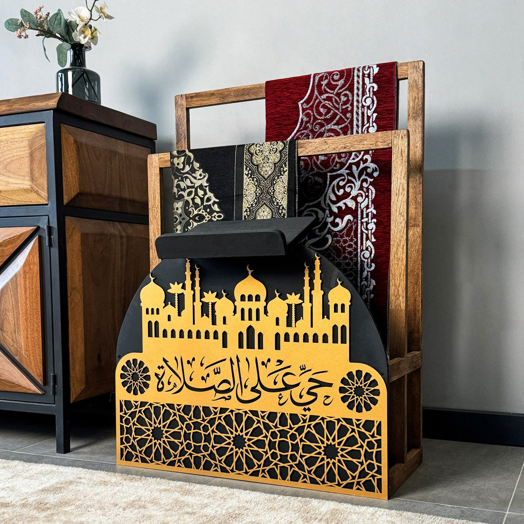prayer-rug-storage-wooden-holder-stand-creative-mat-organizing-ideas-islamicwallartstore