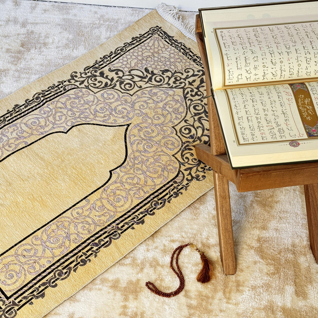 durable-beige-colored-travel-prayer-mat-for-muslims-sejadah-rug-prayer-beads-set-islamicwallartstore