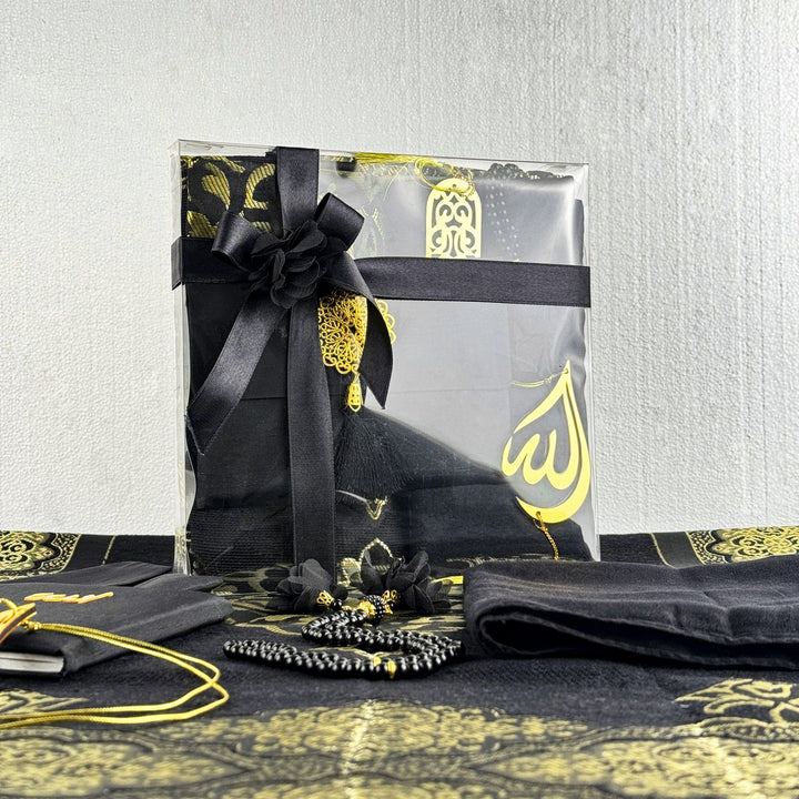 foldable-black-colored-travel-prayer-mat-muslim-gift-sejadah-prayer-rug-and-accessories-set-islamicwallartstore