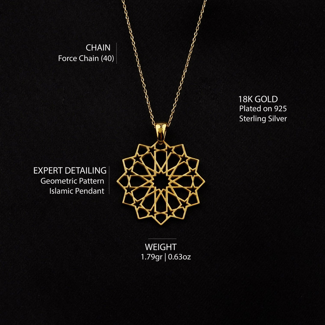 Islamic Geometric Pattern Muslim Jewelry, 18K Gold Plated Silver Pendant