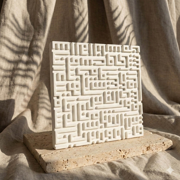 Set of 3 Kufic Islamic Home Decor – Ayatul Kursi, Falaq, Nas – Stone Relief Blocks