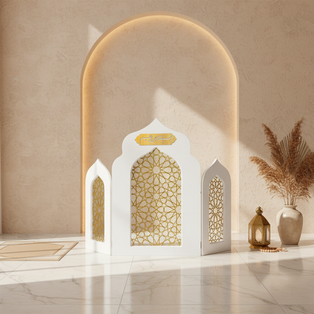 Islamic Triple Foldable Wooden Mihrab – Masterpiece Prayer Room Decor