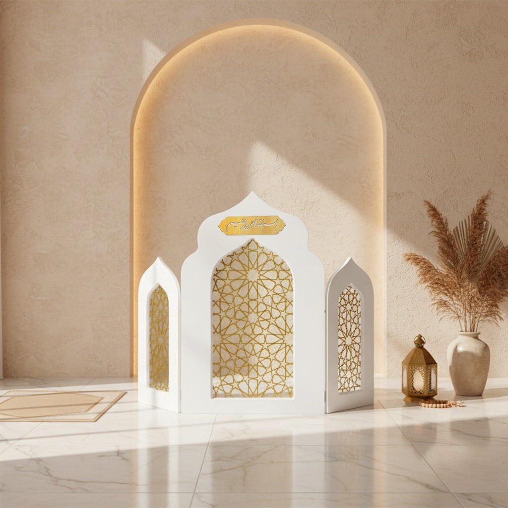 Islamic Triple Foldable Wooden Mihrab – Masterpiece Prayer Room Decor