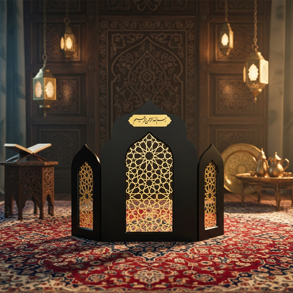 Islamic Triple Foldable Wooden Mihrab – Masterpiece Prayer Room Decor