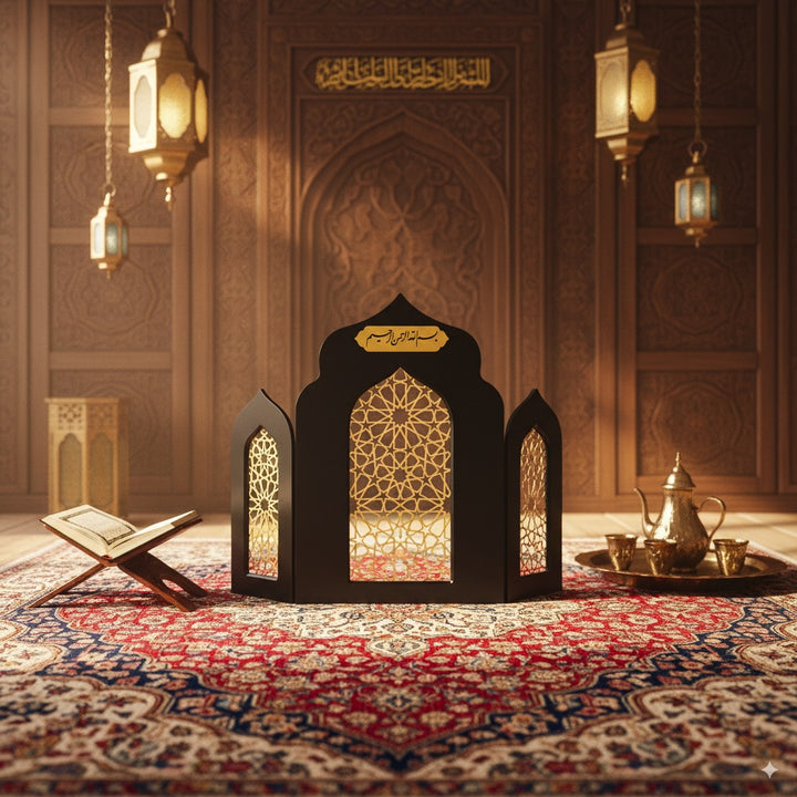 Islamic Triple Foldable Wooden Mihrab – Masterpiece Prayer Room Decor