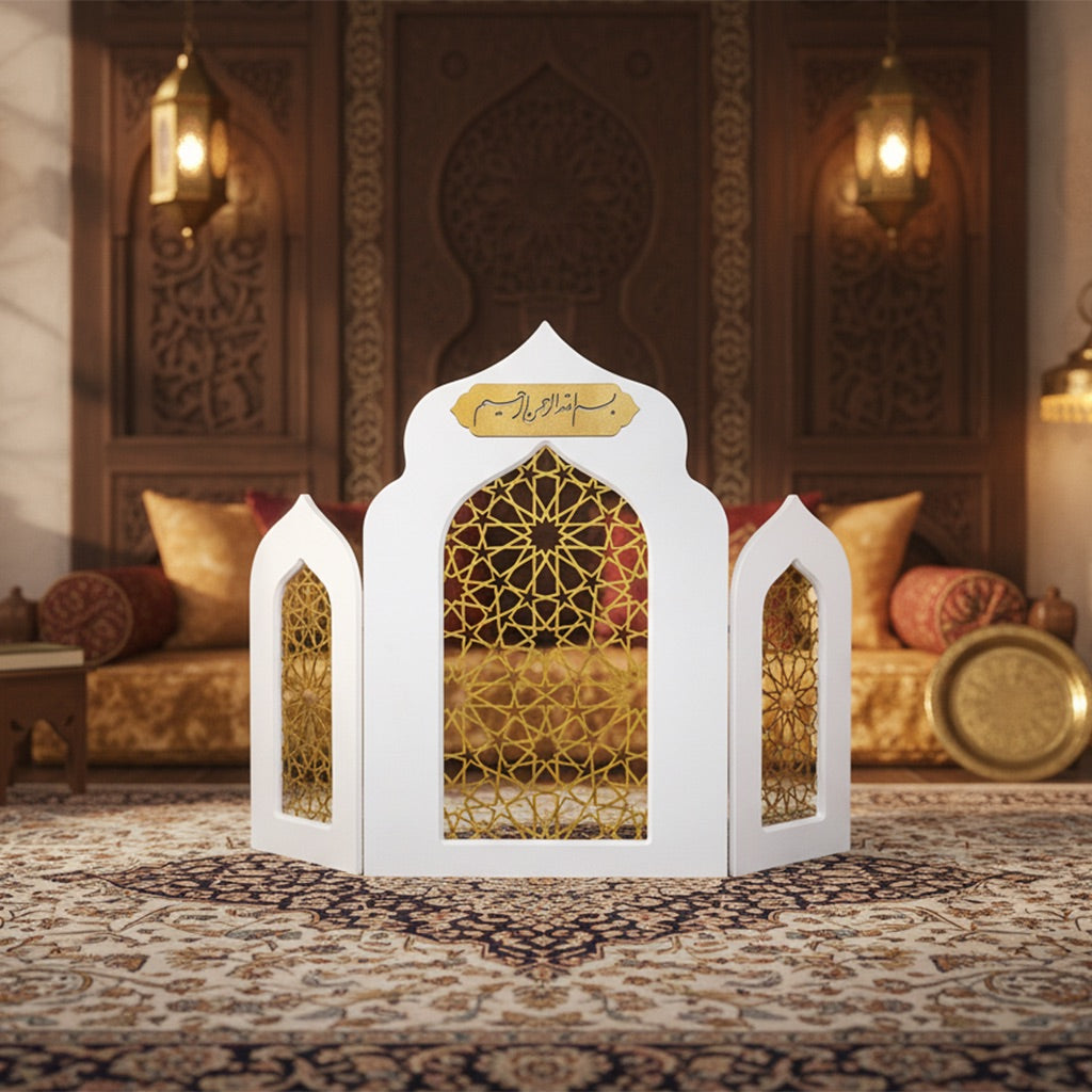 Islamic Triple Foldable Wooden Mihrab – Masterpiece Prayer Room Decor