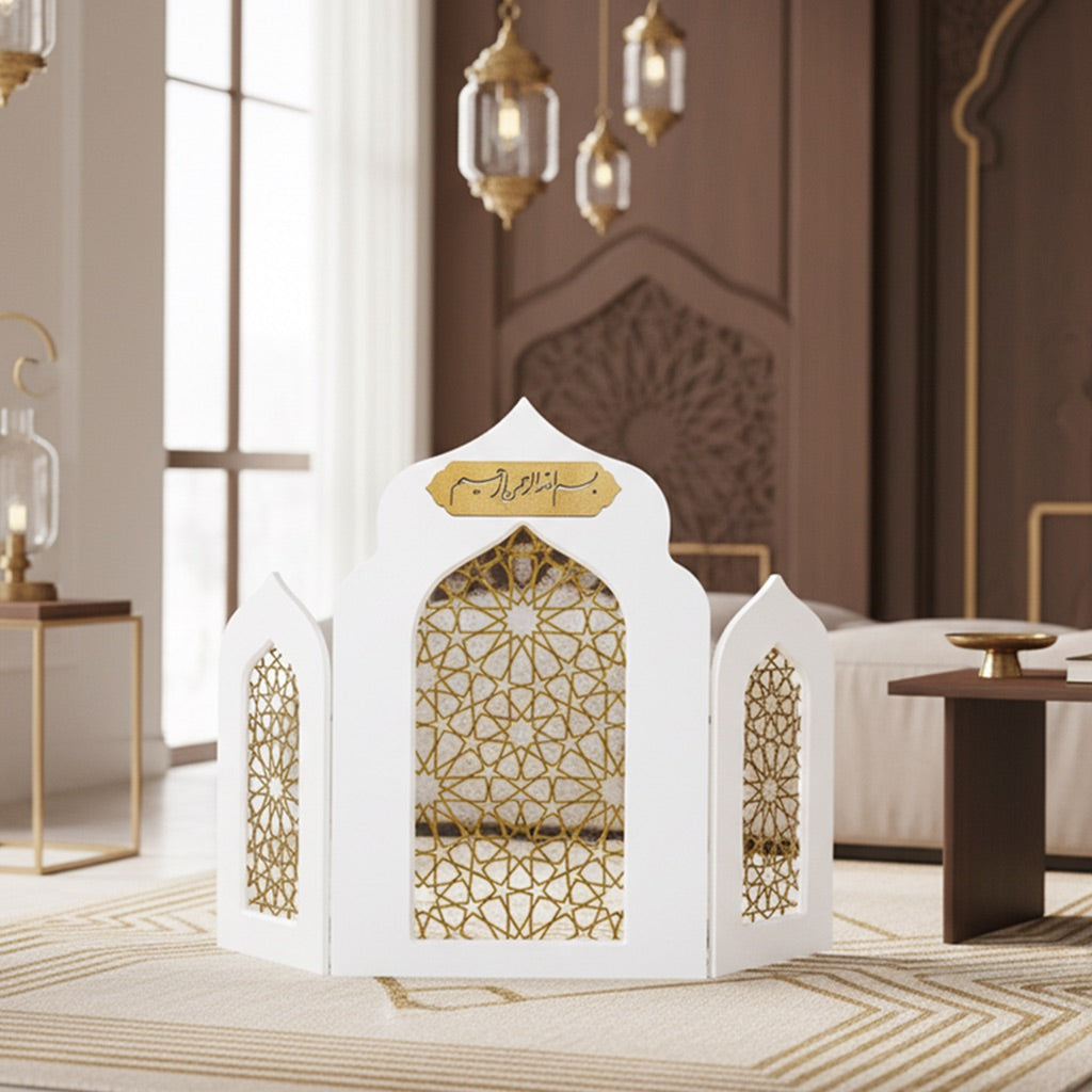 Islamic Triple Foldable Wooden Mihrab – Masterpiece Prayer Room Decor