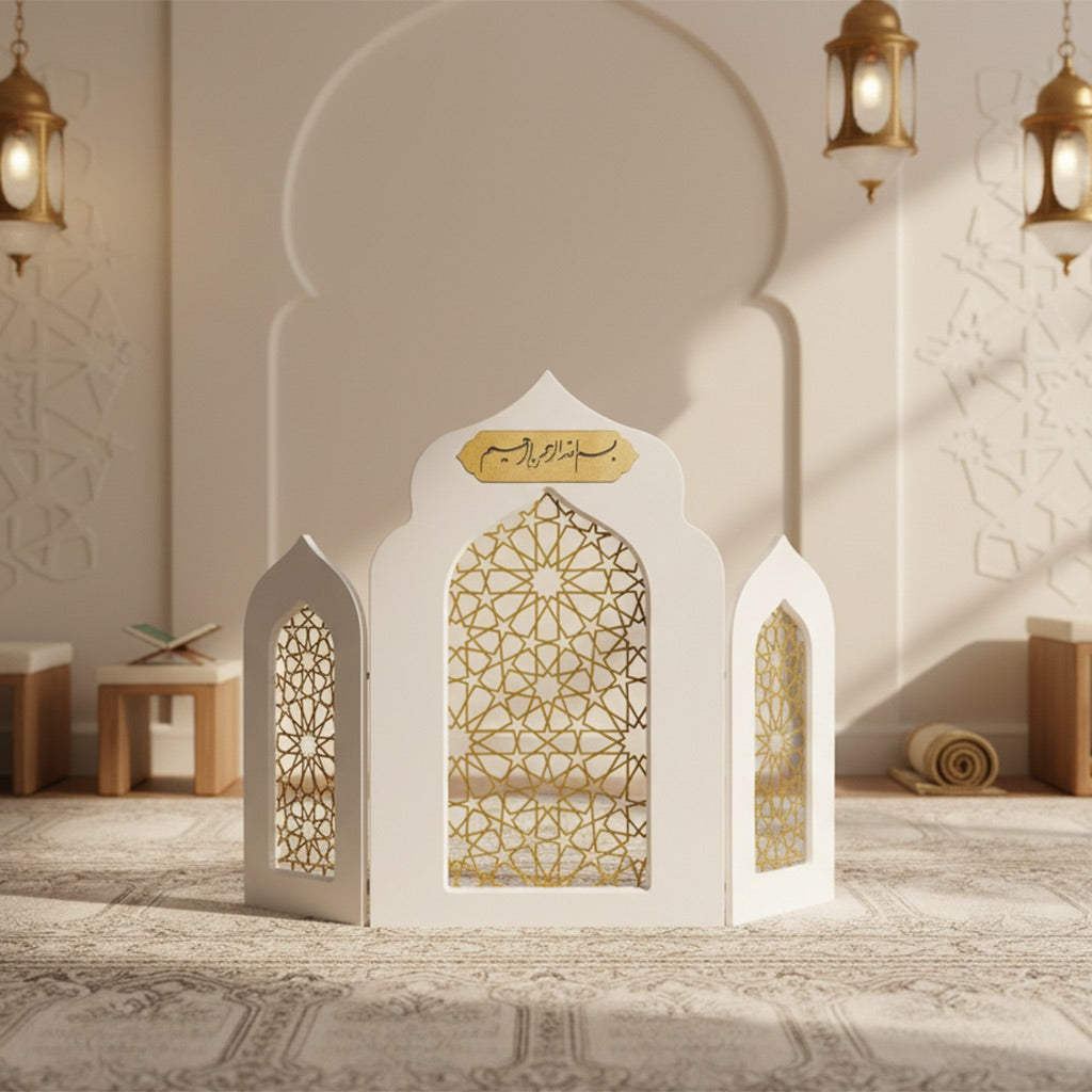 Islamic Triple Foldable Wooden Mihrab – Masterpiece Prayer Room Decor