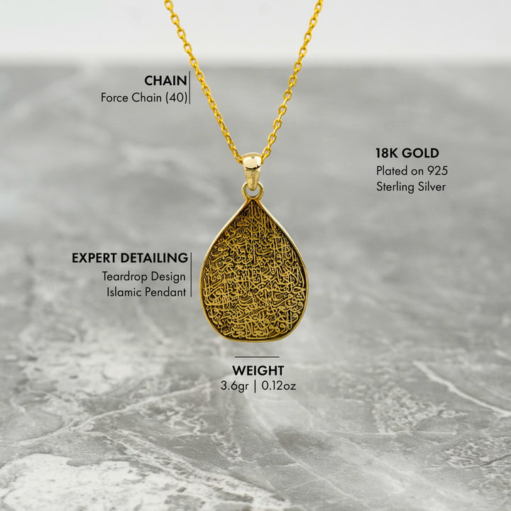 Teardrop Ayatul Kursi Muslim Jewelry - 18K Gold Plated Silver Pendant