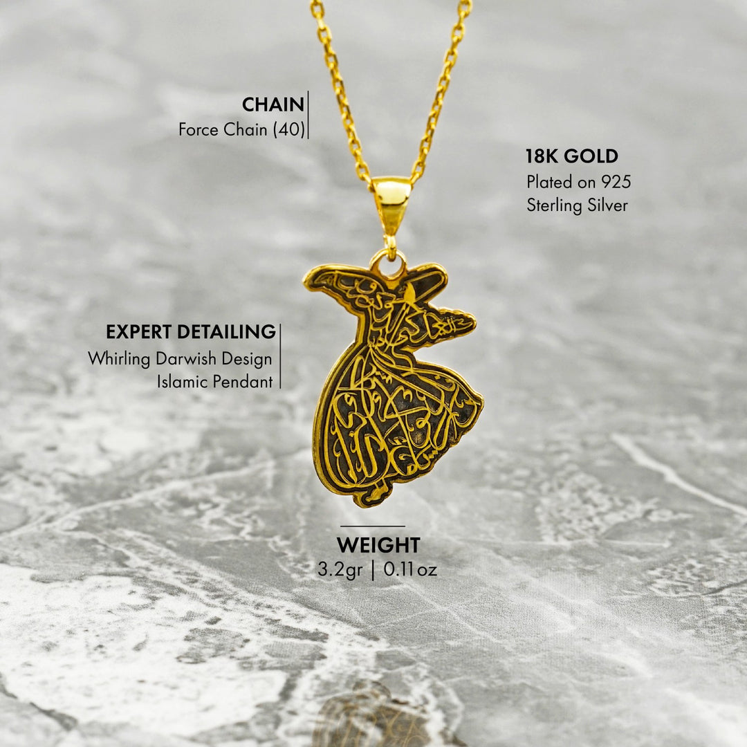 Whirling Darwish Muslim Jewelry 18K Gold Plated Silver Islamic Pendant