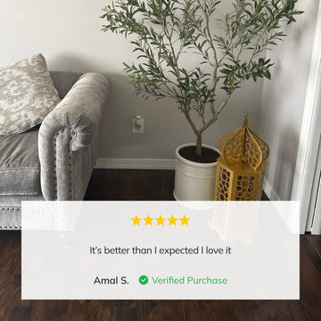 Customer photo of a small gold Ramadan lantern beside a potted tree and a gray sofa