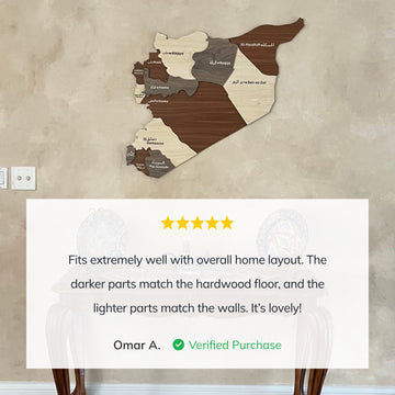 Customer review of the Syria wooden wall map above a close view of the map on a wall
