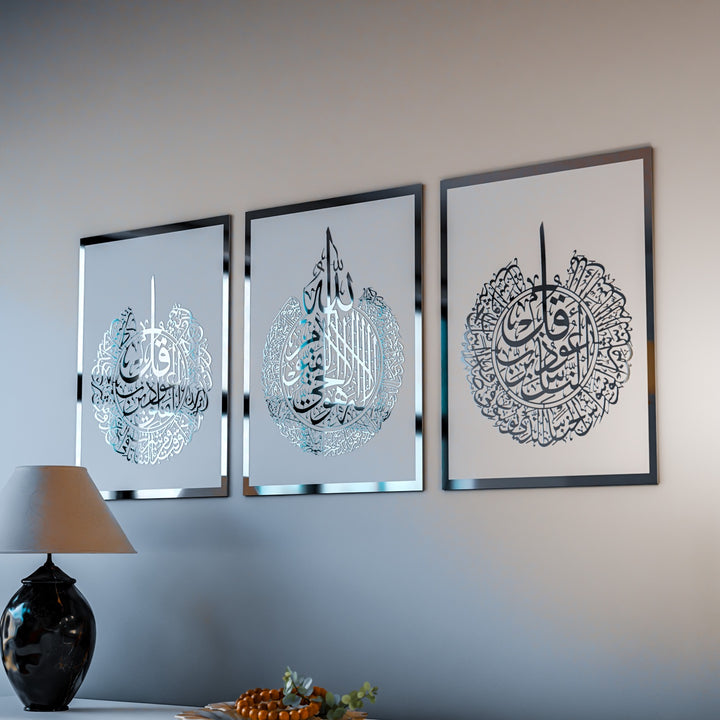 Set aus Ayatul Kursi, Surah Al-Falaq, Surah An-Nâs islamischer Wandkunst aus Holz 