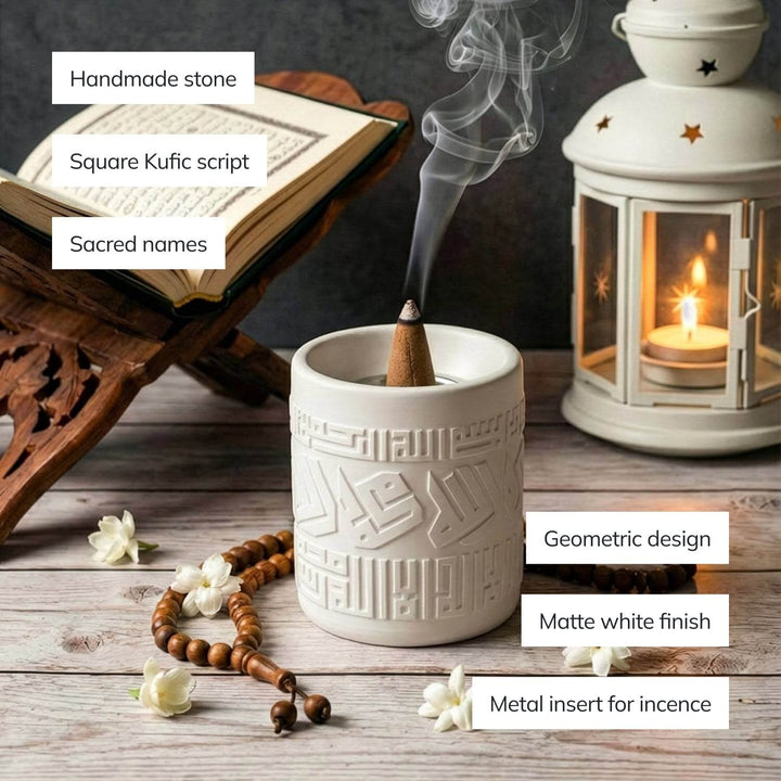 Kufic Stone Incense Burner (Mabkhara) – Handmade Allah(SWT) & Mohammed (PBUH) Calligraphy Decor