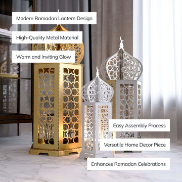 Ramadan lantern metal decor with callouts for lantern design, metal material, warm glow and easy assembly