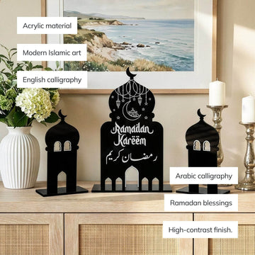Ramadan Kareem Acrylic Mosque Table Decor Set – Modern Black & White Centerpiece