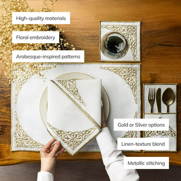 Ensemble de table Ramadan Barakah à broderie florale pour 6 personnes - 24 pièces
