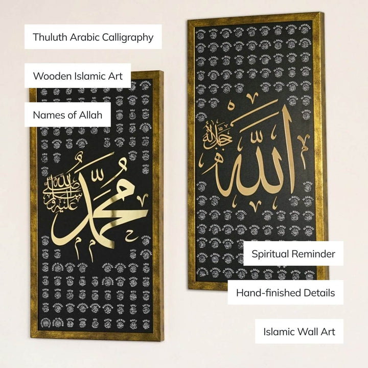 99 Names of Allah & Names of Prophet Muhammad - Thuluth Calligraphy Islamic Art Set