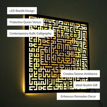 Ayatul Kursi, An Nas, Al Falaq, Al Ihklas Kufic Islamic Wall Art - LED Lighted - Islamic Wall Art Store