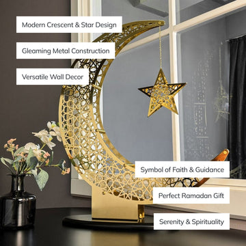 Shiny Gold crescent and star decor with callouts: gleaming metal construction, symbol of faith and guidance
