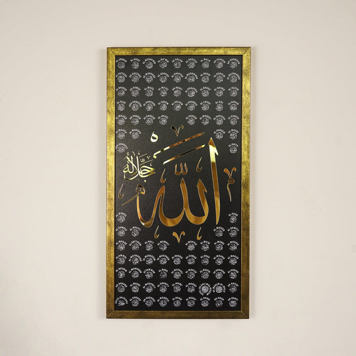 Asma ul Husna, the 99 Names of Allah in gold Thuluth calligraphy, wood and acrylic wall art panel