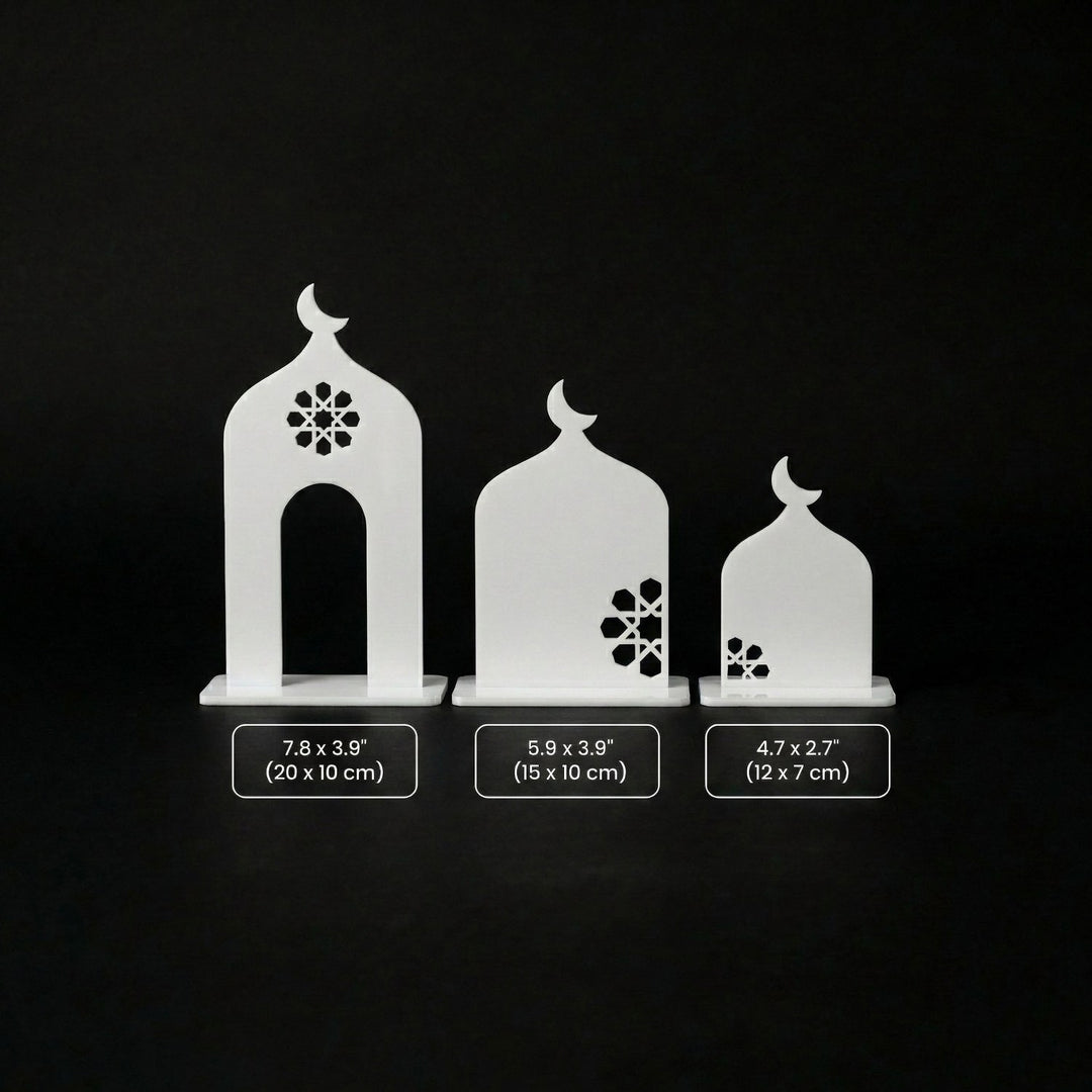 Größentabelle für den weißen Acryl-Moschee-Silhouette-Aufsteller: 7.8 x 3.9 in, 5.9 x 3.9 in und 4.7 x 2.7 in