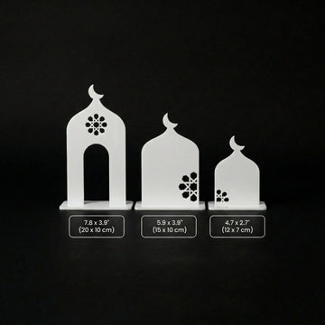 Größentabelle für den weißen Acryl-Moschee-Silhouette-Aufsteller: 7.8 x 3.9 in, 5.9 x 3.9 in und 4.7 x 2.7 in