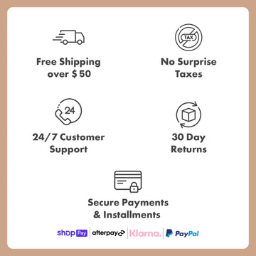 رسم لسياسات المتجر: شحن مجاني للطلبات فوق $50، بلا ضرائب مفاجئة، دعم 24/7، إرجاع خلال 30 يومًا